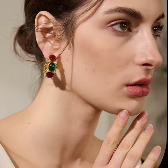 Gemstone Hoop Earrings PVD Gold Plated Stainless Steel with Pearls Natural Stone - Picture 3 of 14